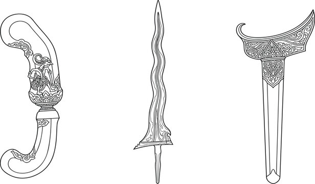 Traditional Indonesian Keris Dagger Outline Icon Set Featuring Detailed Hilt, Wavy Wrought Blade, and Ornate Sheath Vectors for Cultural Heritage and Tattoo Designs