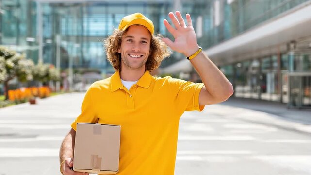 Courier waves goodbye while walking outside the delivery area in bright daylight Generative AI