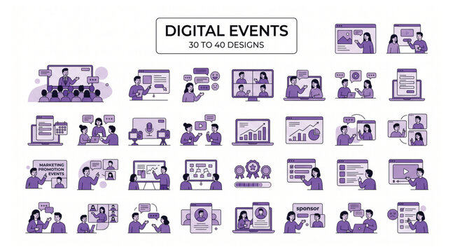 Digital events and online conference communication vector illustration set with conference communication business presentation technology collaboration internet connection corporate