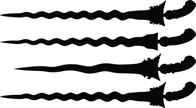 Traditional Indonesian Keris Dagger Silhouette Vector Icon Set Featuring Wavy Wrought Blades and Ornate Hilts for Southeast Asian Cultural Heritage and Tattoo Designs