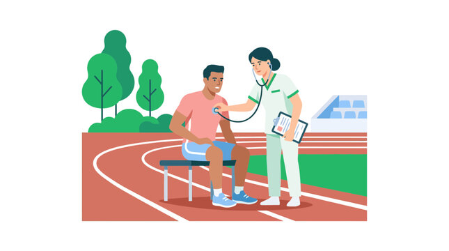 Doctor checking athlete's heart on running track with stethoscope