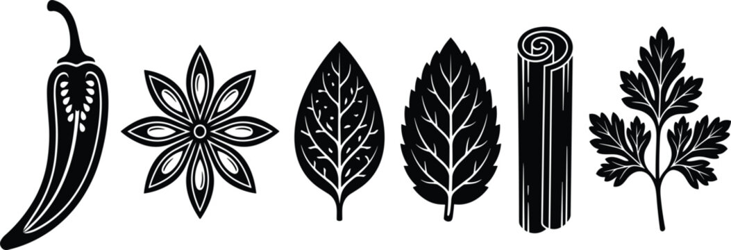 Culinary Herbs and Spices Icon Set Featuring Chili Pepper, Star Anise, Cinnamon Stick, Basil, Mint, and Parsley Vector Silhouettes for Menu Designs