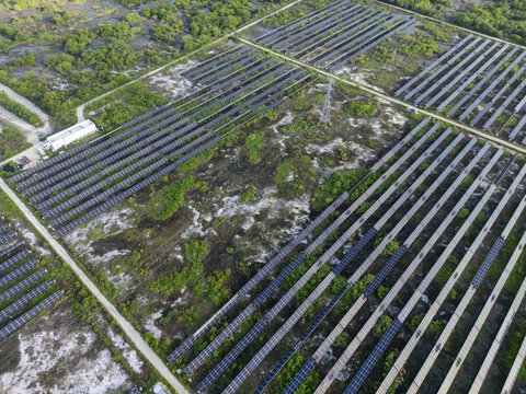 Aerial view of San Ignacio solar photovoltaic power plant with rows of solar panels installed on open land surrounded by lush vegetation in Progreso, Yucatan, Mexico.