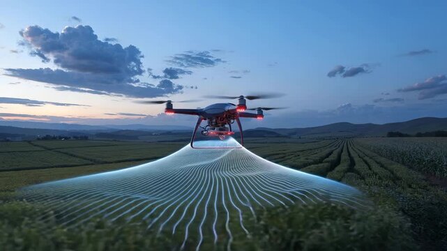 Agricultural drone spraying crops in a field at dusk with cinematic motion and soft light