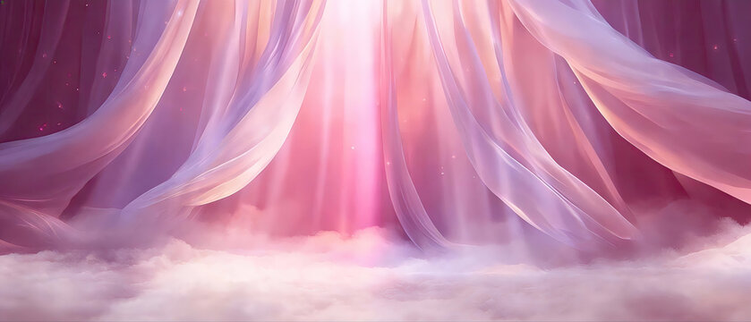 Ethereal pink fabric curtains with flowing textures, radiant light beam, and misty clouds. Abstract, artistic background with dreamy, romantic atmosphere, ideal for fantasy or decorative use.