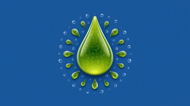 Vibrant green liquid drop surrounded by smaller droplets and bubbles illustrates purity and freshness on a deep blue.