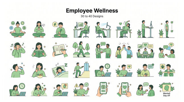 Employee wellness and workplace health habits vector illustration set with wellness employee workplace lifestyle nutrition wellbeing mindfulness meditation activity positive relaxation