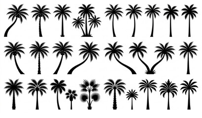 Fototapeta premium Palm Tree Silhouette Vector Set with Tropical Coconut Trees Isolated on White Background