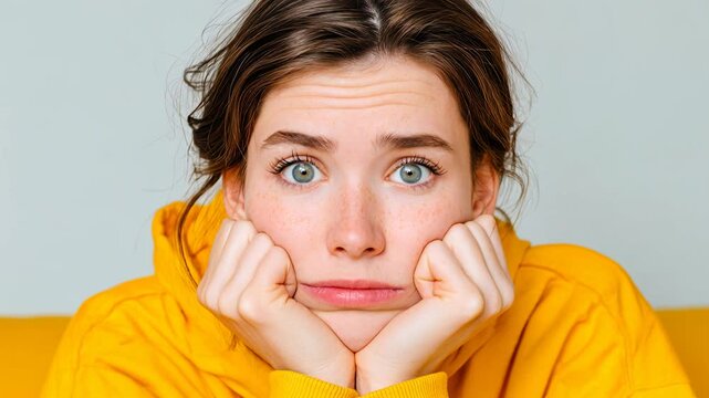 Woman staring forward with eyes closed and hands on face in indoor setting Generative AI