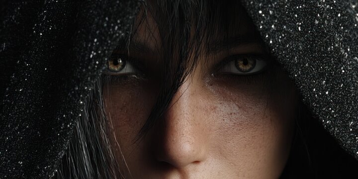 Close up portrait of a person with dark hair a hooded cloak and intense gaze