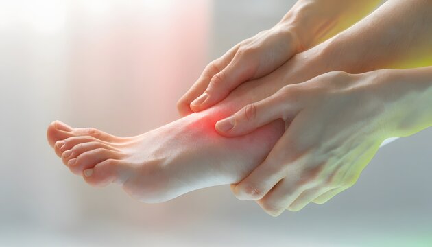Painful foot arch and ankle joint inflammation. Tendonitis and sprain recovery need. Hands gripping a sore ankle and painful instep with bright red injury indicator