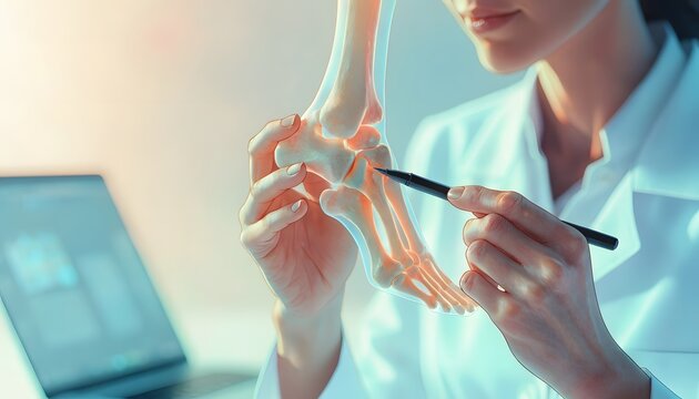 Translucent foot bone model for orthopedic examination. Podiatry diagnosis and medical device demonstration. Physician pointing at joint structure with a pen