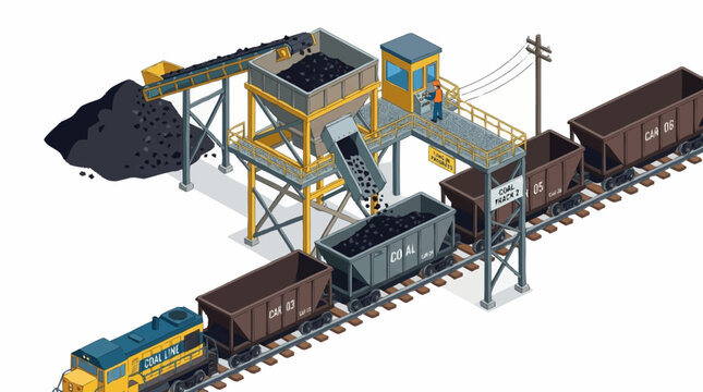 Industrial coal loading facility with trains and conveyor belts.