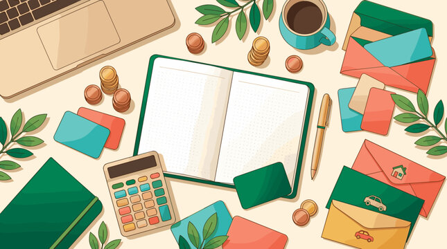 Flat lay illustration of a creative office workspace featuring an open notebook, calculator, laptop, and financial envelopes. Perfect for business, finance, and productivity concepts.