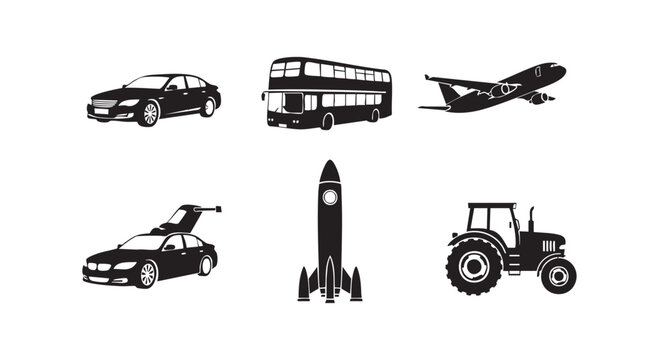 Collection of transportation vehicle icons featuring cars double decker bus airplane rocket ship and agricultural tractor.