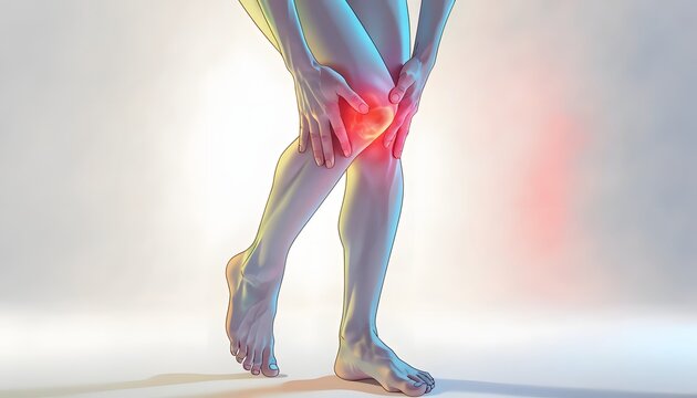 Total leg joint pain and osteoarthritis inflammation illustration. Anatomy healthcare and medical diagnosis graphics. Person holding a bright red glowing painful knee joint