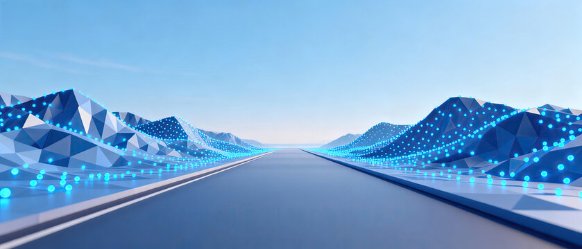 A futuristic road scene with abstract geometric mountains and digital dots representing technology and innovation in a modern setting.