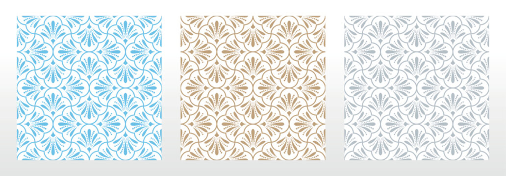 Collection of flower geometric patterns. Seamless vector backgrounds. Colored ornaments. Ornament for fabric, wallpaper, packaging. Decorative prints