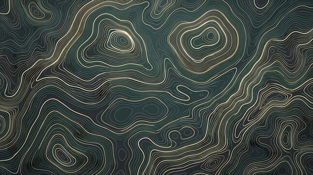 Abstract topographic map pattern with flowing dark green and gold contour lines. Modern elegant design for technology, geography, and data visualization backgrounds.