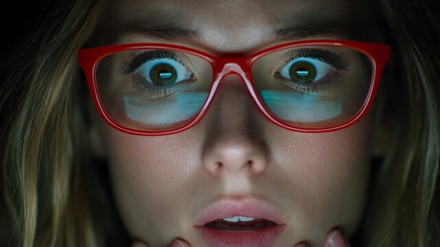 Shocked woman stares at glowing screen in close up during late night activity Generative AI