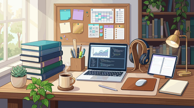 A cozy, sunlit home office workspace featuring a laptop with code on screen, stacked books, a coffee mug, and a desk planner. Perfect for remote work or study concepts.