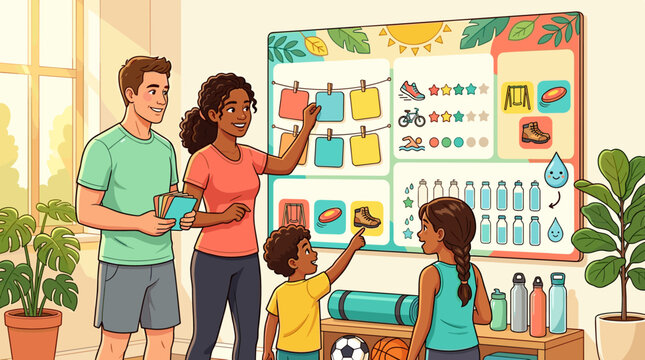 Parents and children interact with a colorful activity and hydration tracker board. A vibrant illustration of family health, active lifestyle, and educational goal setting.