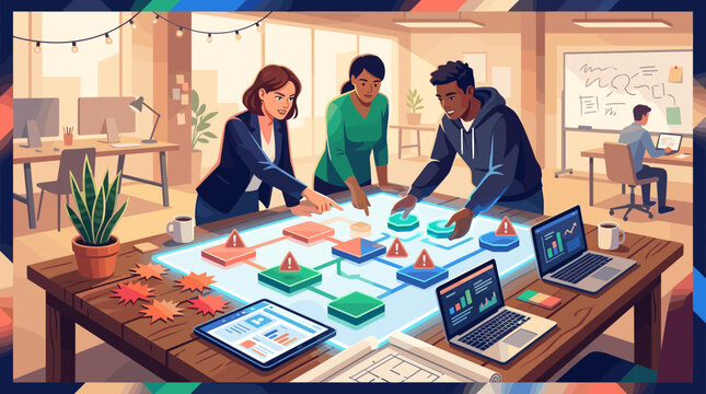 A diverse team collaborates on a digital project workflow using an interactive table in a modern office. Professional teamwork, data analysis, and problem-solving concepts.