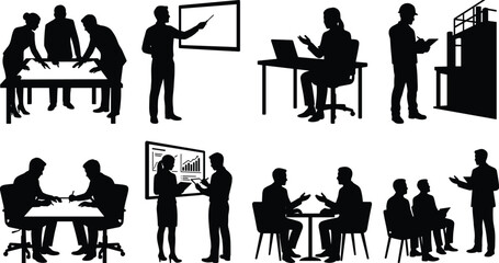 Fototapeta premium Business People Silhouette Collection with Meetings Presentation Office and Workplace Scenes