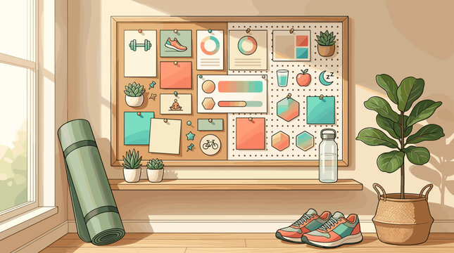 An illustration of a fitness goal board with workout tracking, yoga and health icons, yoga mat and sneakers. Perfect for health, wellness, and lifestyle planning content.