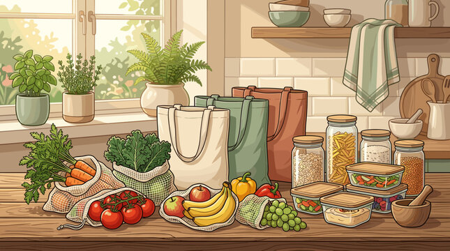 A cozy, sunlit kitchen counter featuring fresh produce in mesh bags, reusable tote bags, and pantry staples in glass jars. A sustainable, eco-friendly, and zero-waste lifestyle illustration.