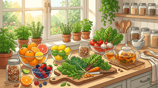 Sunny kitchen counter with fresh fruits, vegetables, herbs in pots, and pantry staples in glass jars. A cozy, vibrant culinary scene perfect for healthy cooking and lifestyle concepts.