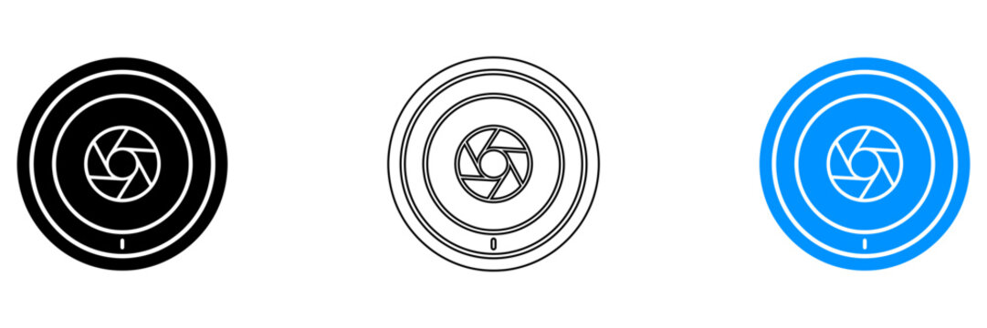 Aperture diagram variations black outline and blue circular icons for photography and optics