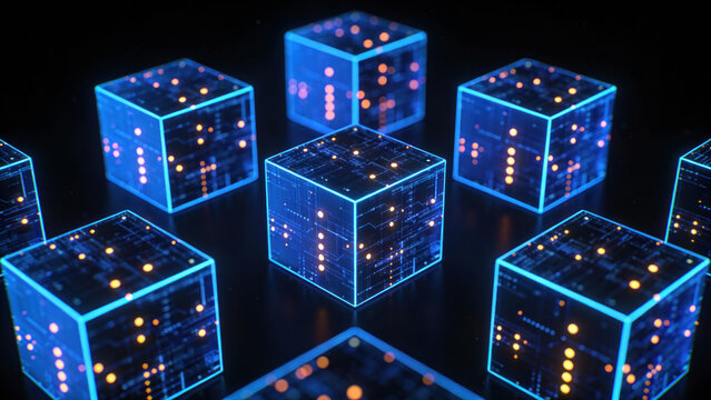 3D cubes with glowing dots showcasing digital technology and modern data representation.