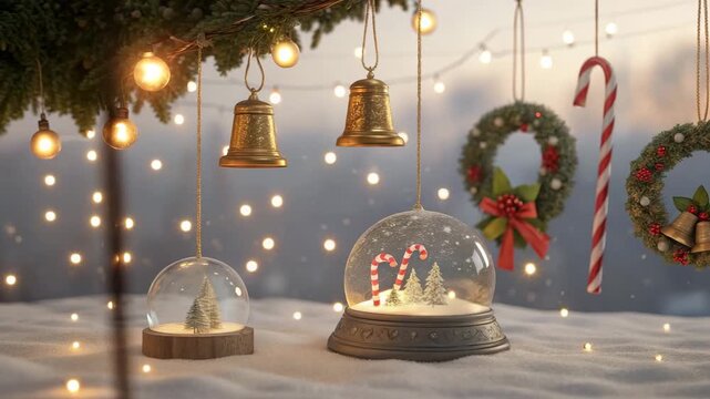 Christmas snow globes with festive decorations in soft warm light for holiday celebrations