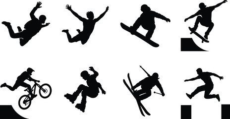 Obraz premium Extreme Sports Silhouette Collection with Skateboarding BMX Skiing and Action