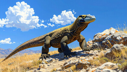 Fototapeta premium Majestic Komodo dragon on rocky terrain under blue sky illustration