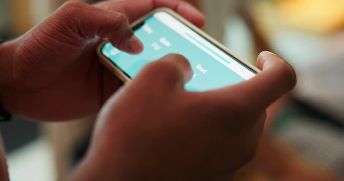 Hands, person and reading with phone screen for travel, flight booking and ticket for global air. Couple, scroll and house for airport checkin, boarding information and departure time with airline