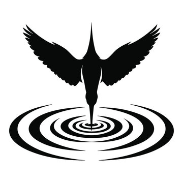 Kingfisher diving silhouette striking water ripples logo vector