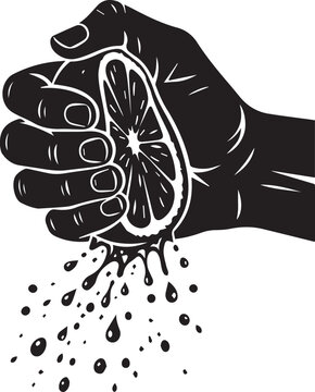 Illustration of strong hand squeezing fresh lemon half with juice drops falling down isolated on transparent background vector.
