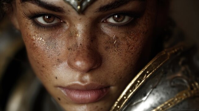 Close up portrait of a woman with freckles armor and a determined gaze