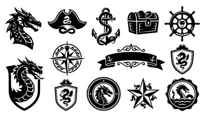 Obraz premium Pirate Dragon and Sea Serpent Icons Set with Anchor Chest Wheel