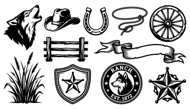 Wild West Cowboy Ranch Icons Set with Howling Wolf Hat and Horseshoe