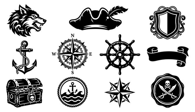 Nautical Pirate Adventure Icons Set with Wolf Head Anchor and Compass