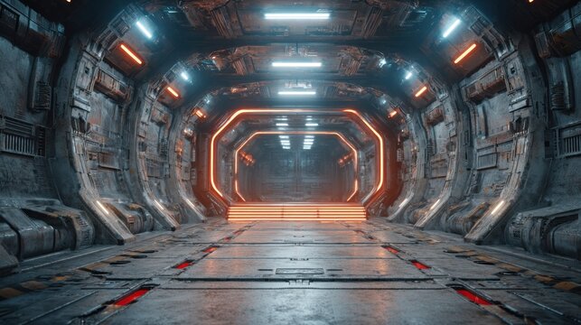 Interior view of a detailed, metallic, futuristic science fiction corridor illuminated by contrasting neon lighting