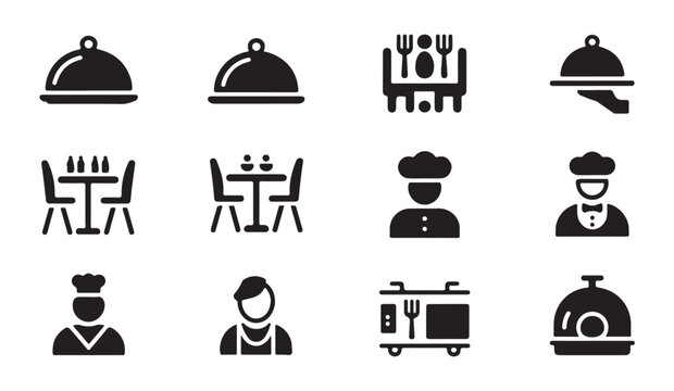 Restaurant flat glyph icons set of chef food waiter delivery isolated vector illustration.
