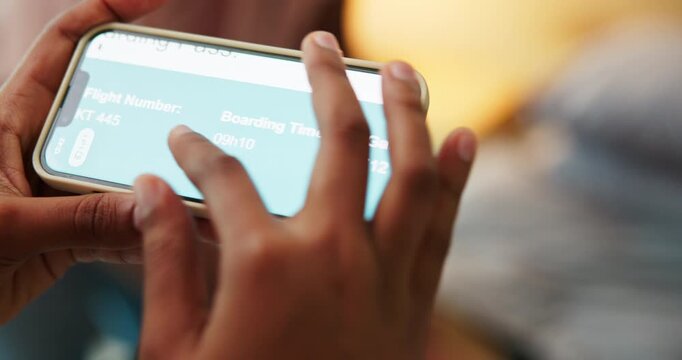 Hands, person and boarding with phone screen for flight, booking and travel ticket for global air. Scroll, mobile and review for airport checkin, passenger information and departure time with airline