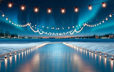 Fototapeta premium Magical Night Skating Path with Glowing Lights Under Aurora Borealis