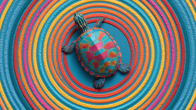 Colourful turtle stands out against a mesmerizing background of concentric, vibrant, multi-colored circles.