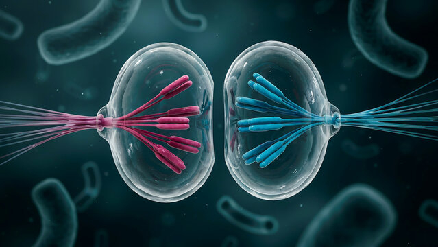 Cell division process with chromosomes separating in two cells with transparent membrane and pink and blue chromatids  cell biology and genetics concept