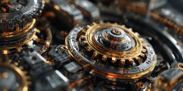 Close up of golden and silver gears representing technology and engineering concepts